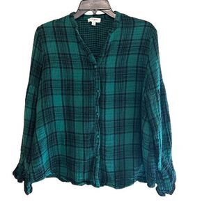 Umgee Button Up Top Womens Large Green Plaid Flared Sleeve Cuff Textured Cotton